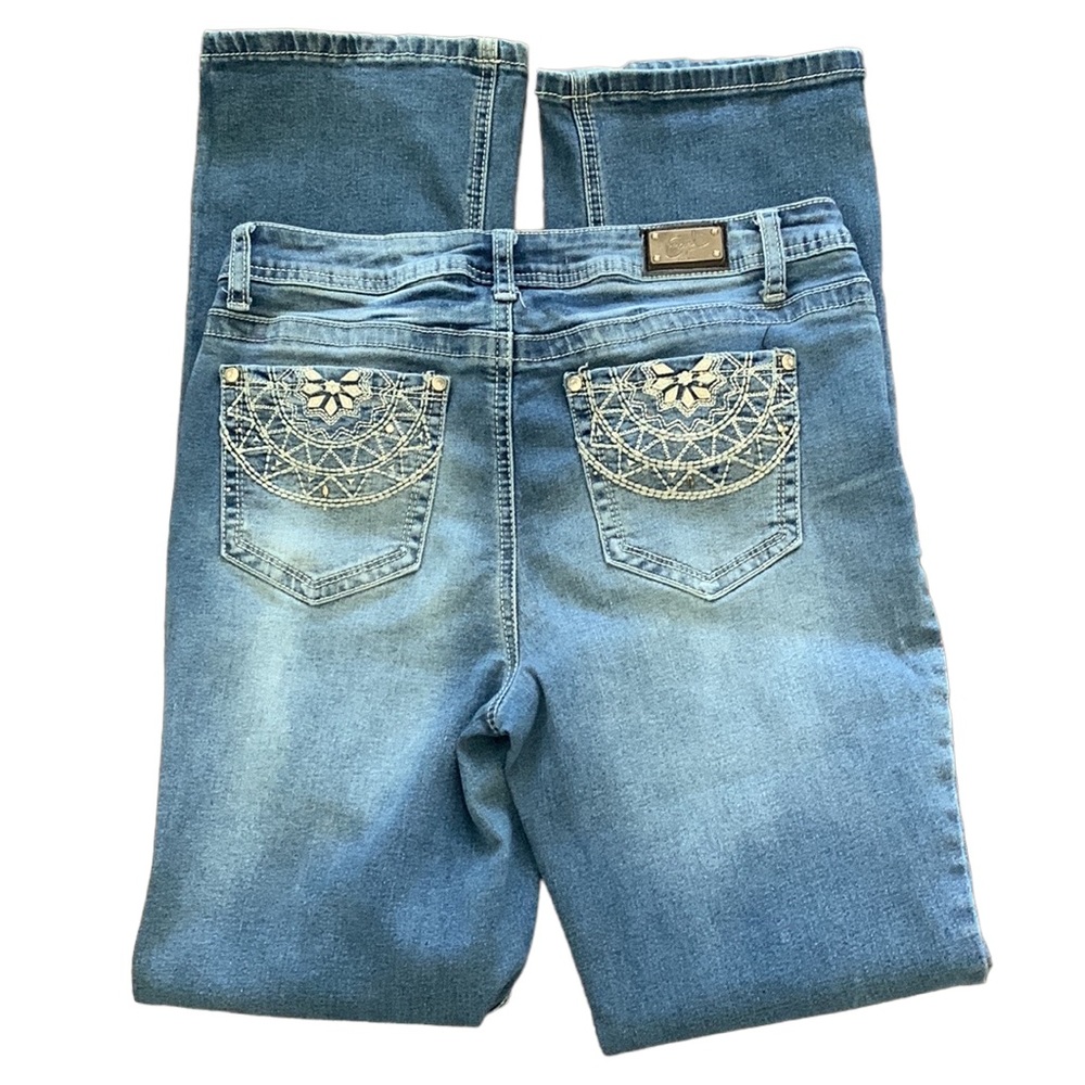 VINTAGE EARL WOMENS DENIM JEANS SLIM BOOTCUT EMBROIDERED POCKETS STRETCH SIZE 6
